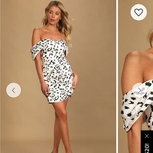 Lulu’s Fierce Ivory Leopard Print Satin Off-the-Shoulder Dress